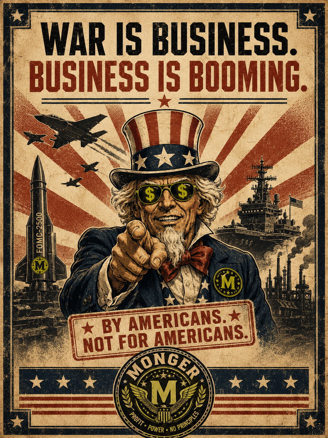 Vintage propaganda poster for MONGER reading WAR IS BUSINESS. BUSINESS IS BOOMING.